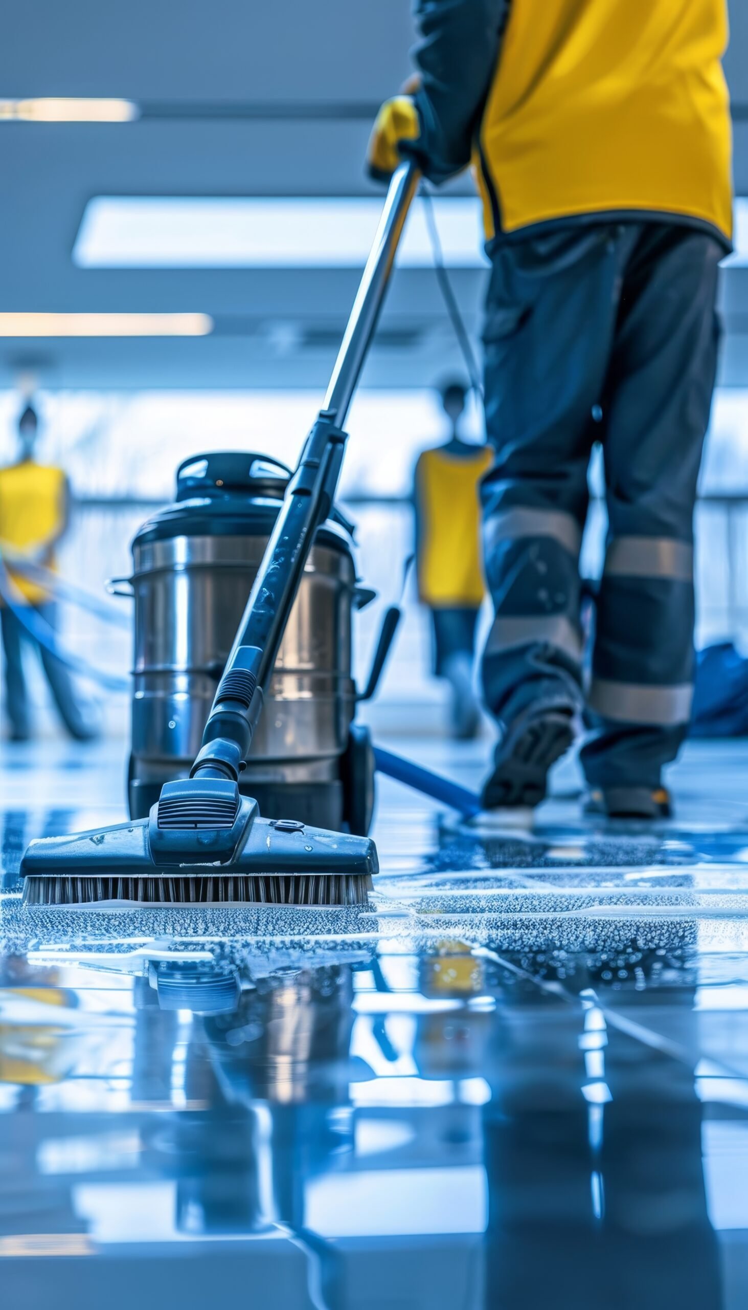 efficient cleaning team using vacuums bustling office with employees background