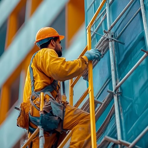 construction worker climbing scaffolding photo